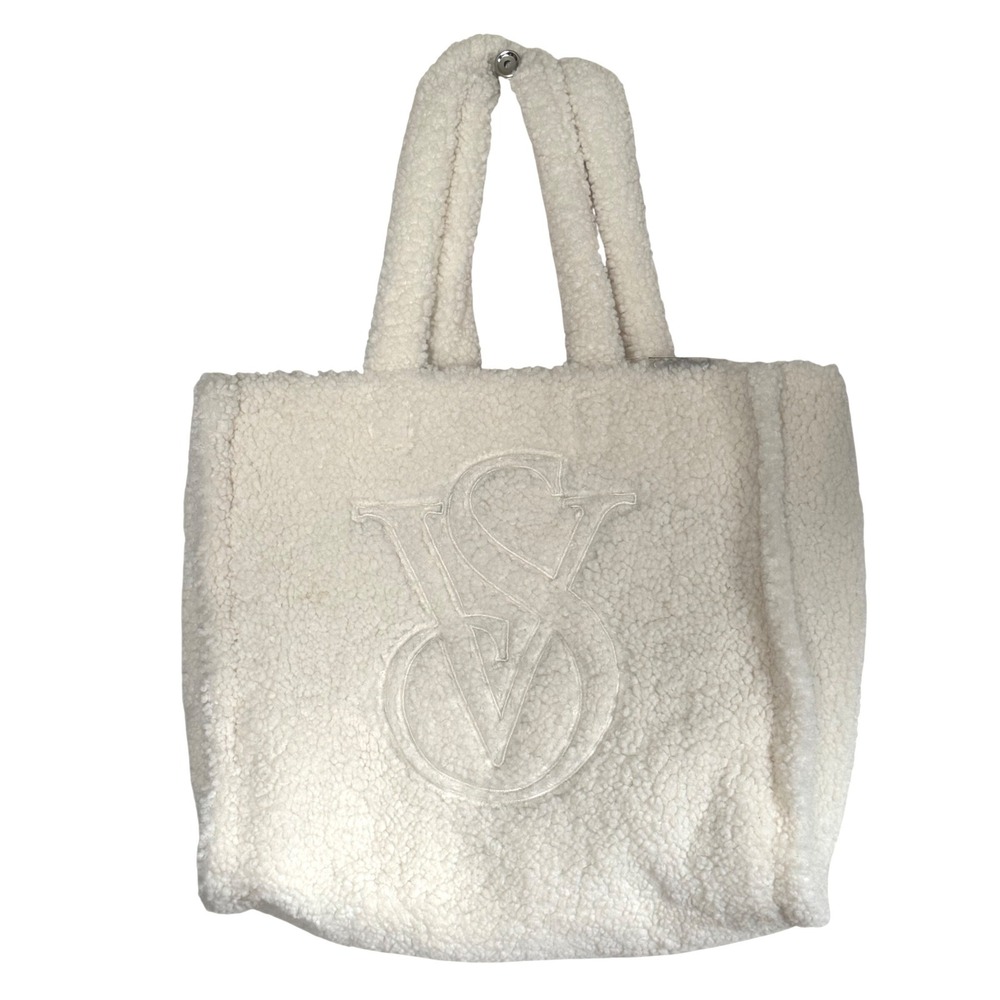 NEW Victorias Secret Sherpa Tote Bag Cream White Faux Fur VS Logo Handbag NWT